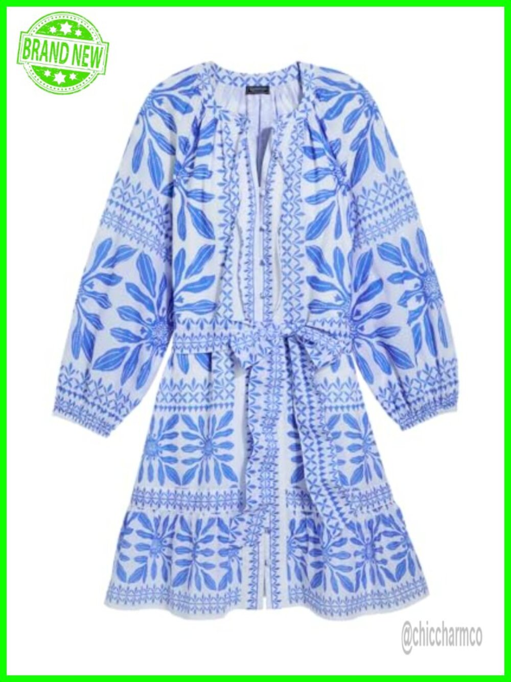 Tiered Mini Dress Tie Belt Ruffle Trim 3/4 Balloon Sleeve
